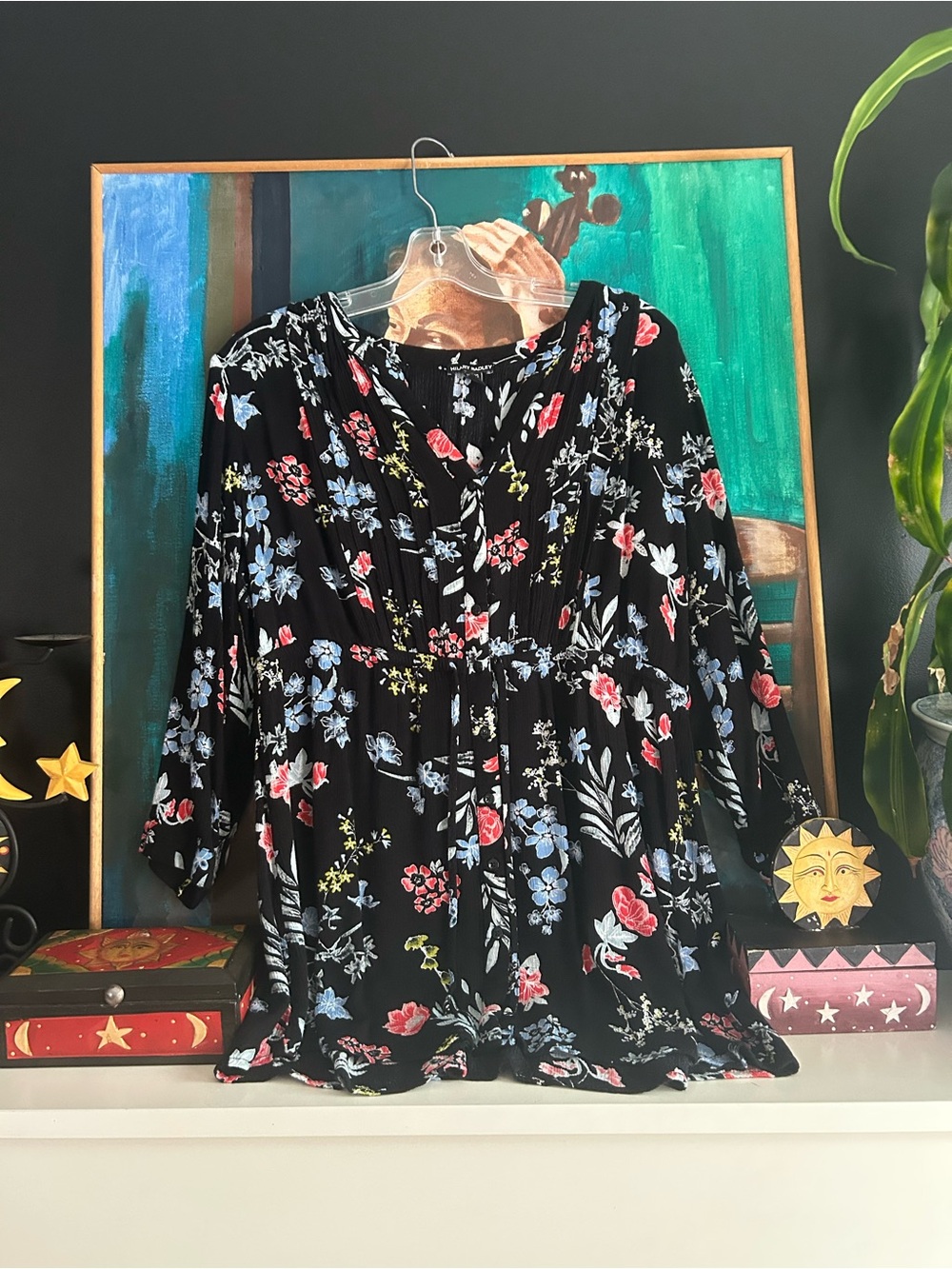 Hilary Radley XL Black Floral Rayon Tunic Blouse Long Sleeve Flowy Boho